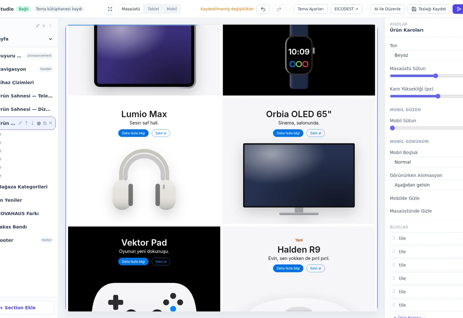 Eidea Studio’da mağaza tasarımı ve bölüm ayarları