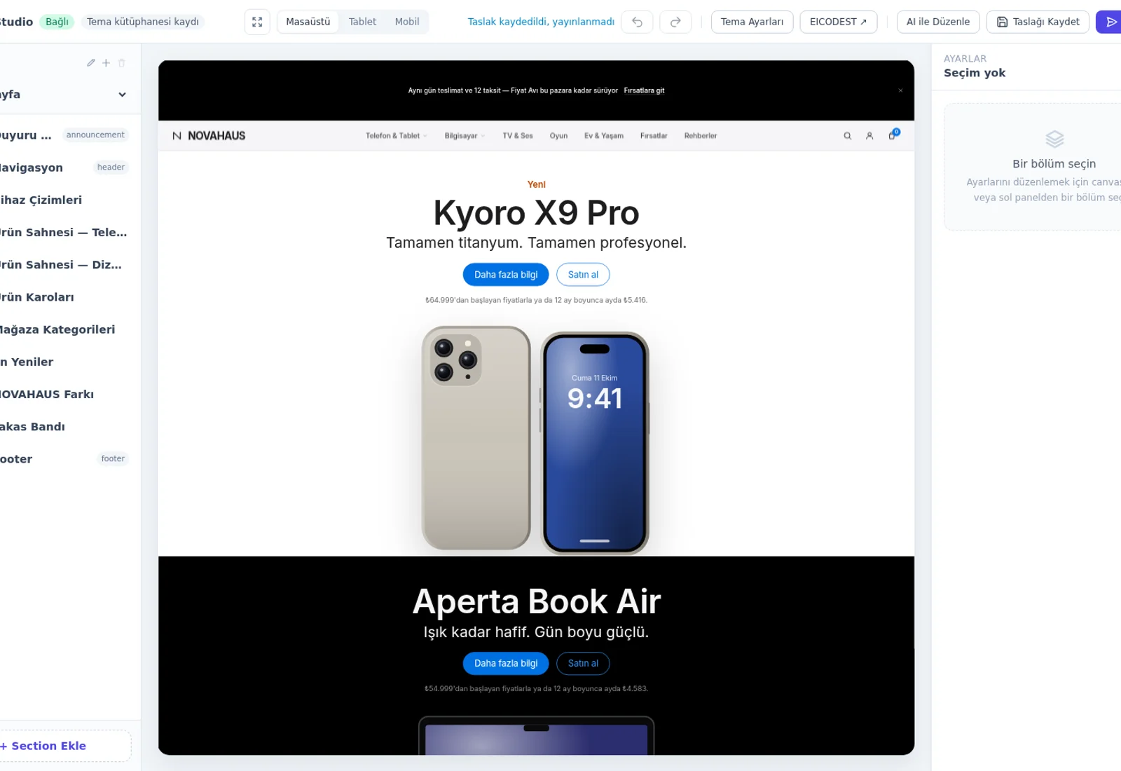 Eidea Studio gerçek mağaza düzenleme ekranı